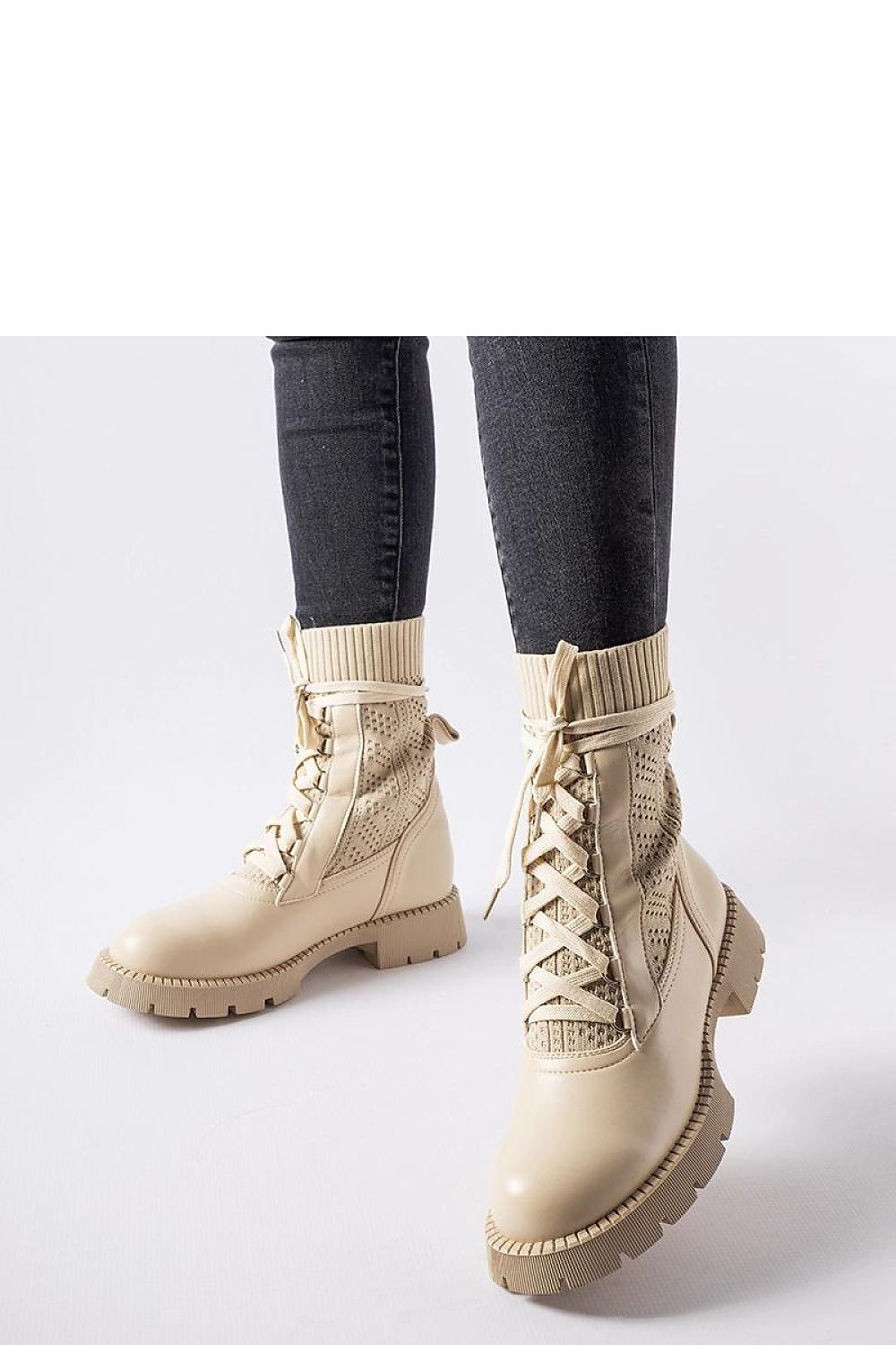   Beżowe ażurowe skarpetowe botki Portico - Solea 