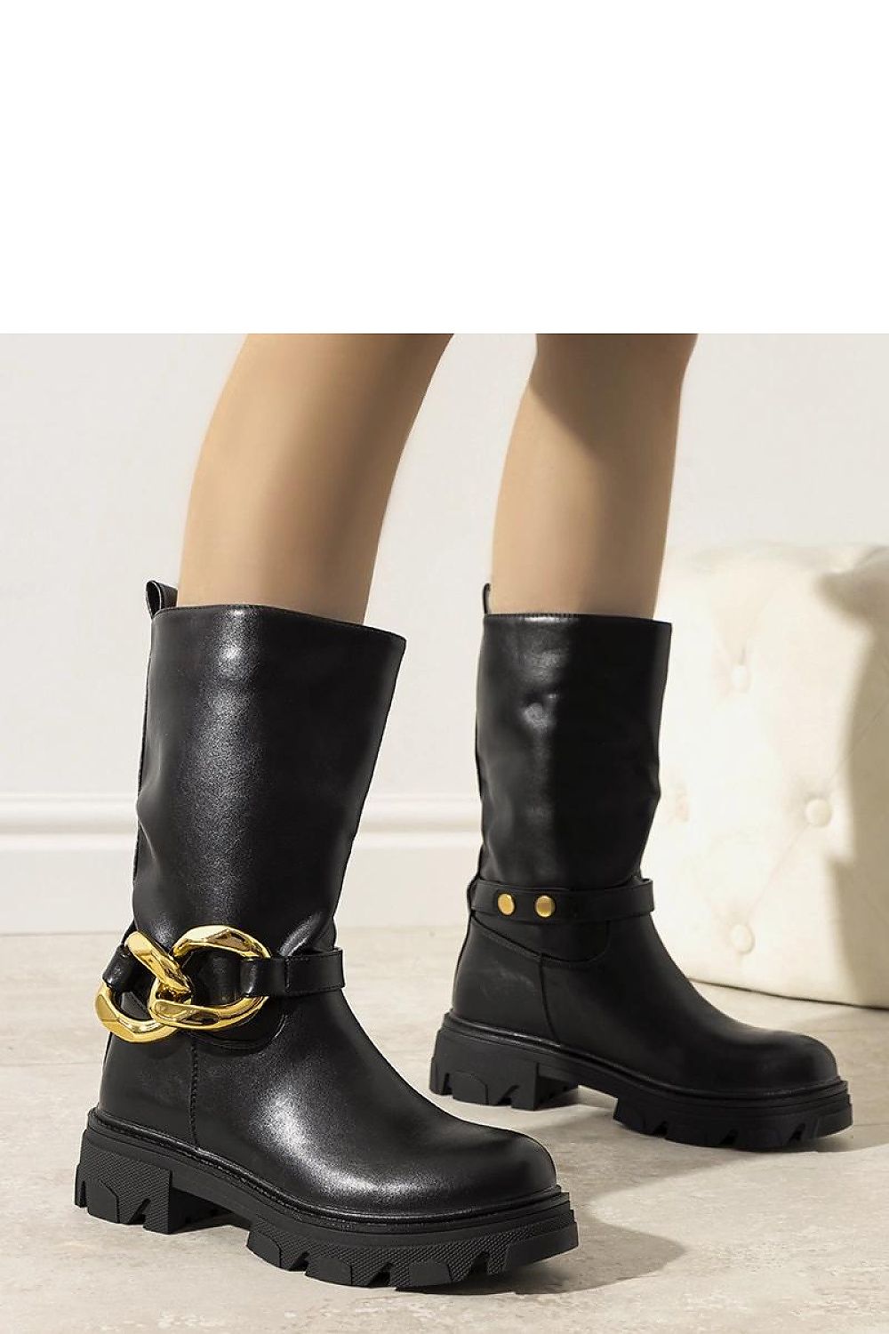   Czarne ocieplane botki z łańcuchem Harrison - Solea 