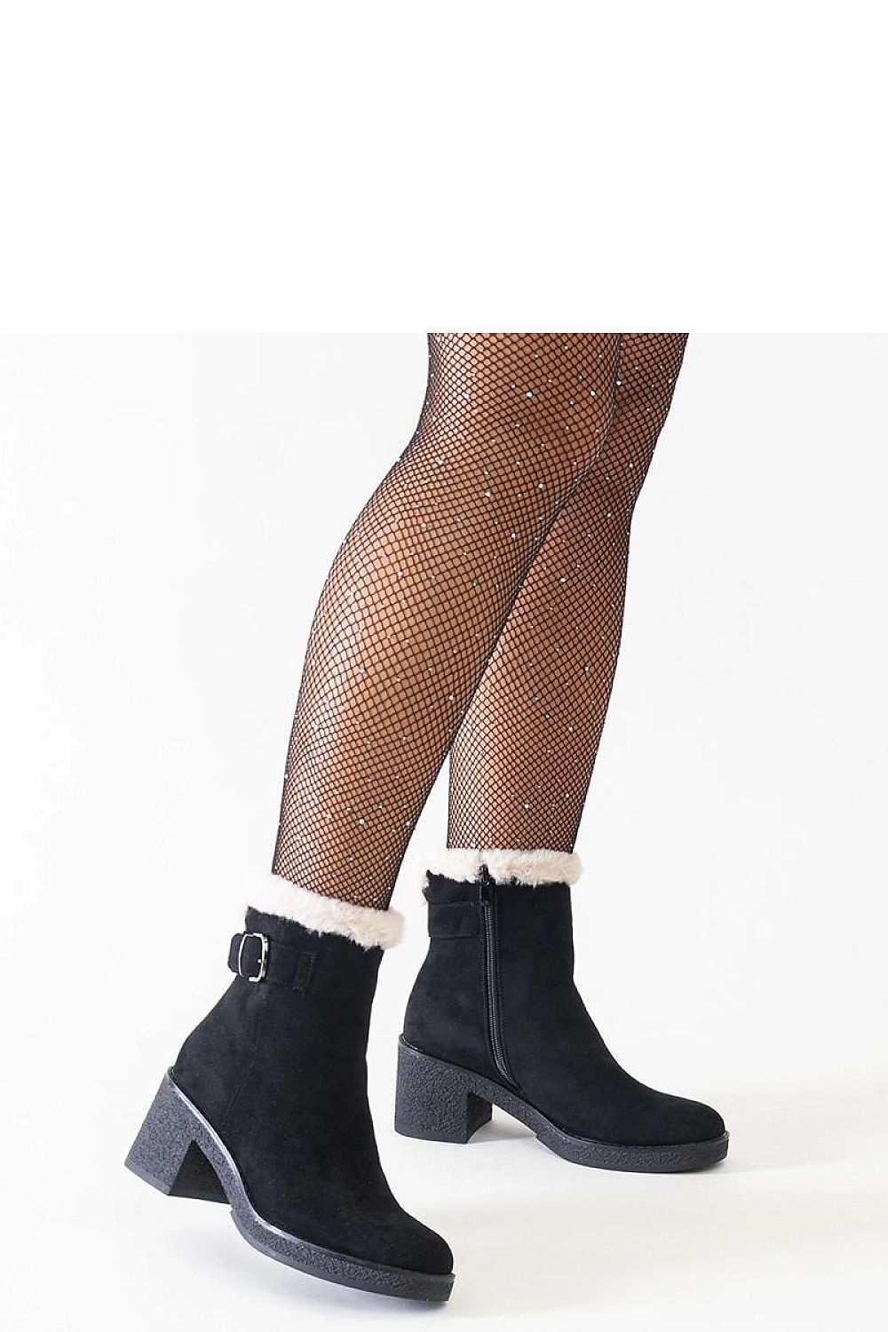   Czarne botki na słupku ozdobione futerkiem eko-zamsz Amtula - Solea 