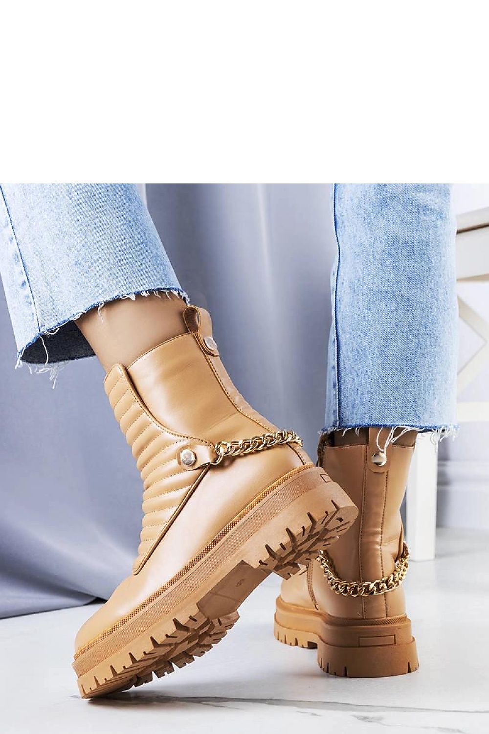   Beżowe ocieplane botki z łańcuchem Pareda - Solea 