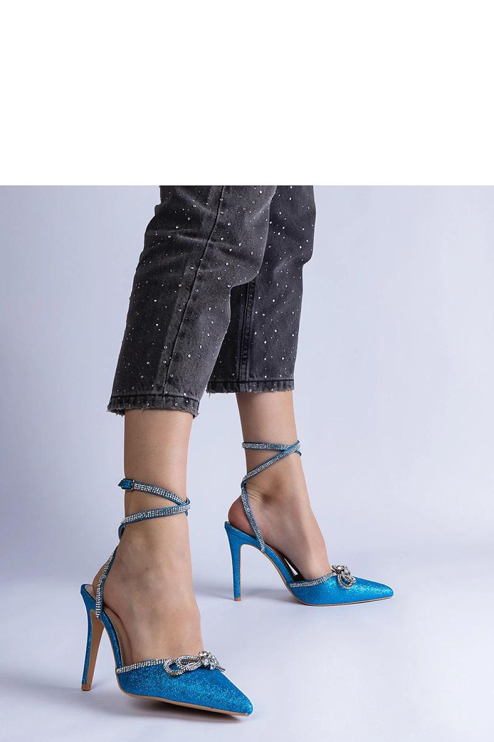   Niebieskie szpilki brokatowe z kokardką i cyrkoniami Merkuri - Solea 