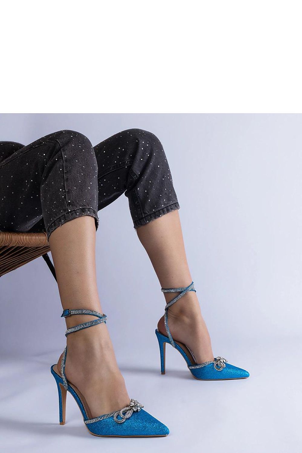   Niebieskie szpilki brokatowe z kokardką i cyrkoniami Merkuri - Solea 