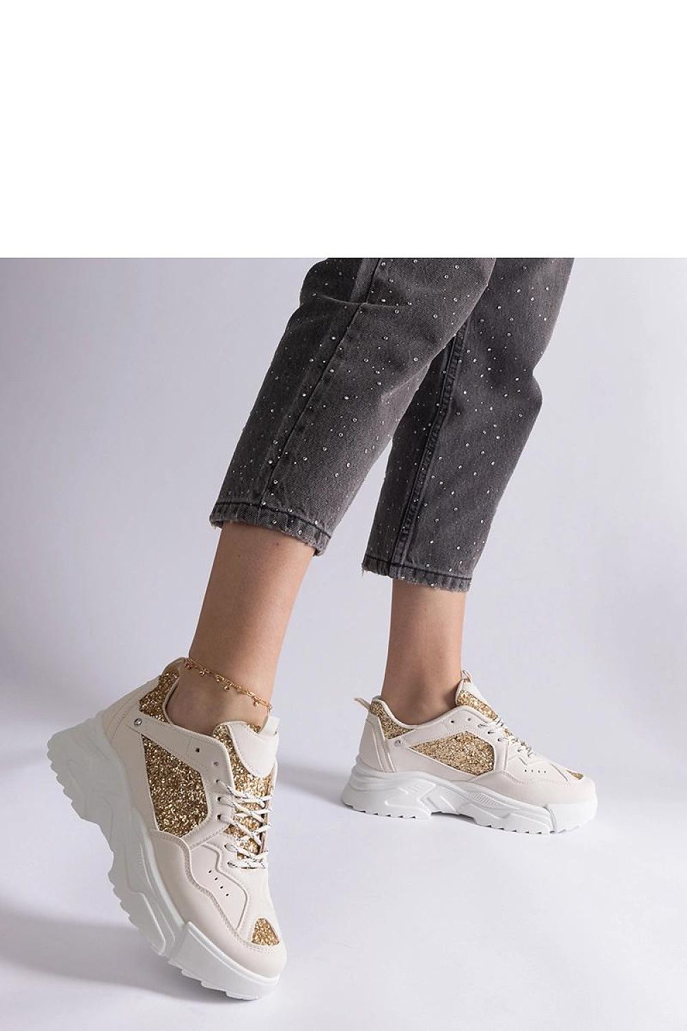   Beżowe sneakersy damskie z brokatowymi wstawkami Caraballo - Solea 