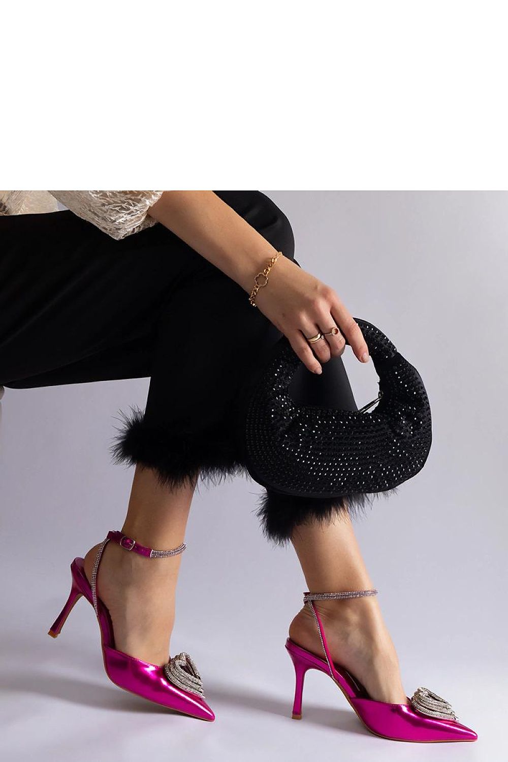   Różowe szpilki z odkrytą pięta zdobione cyrkoniami Isoda - Solea 