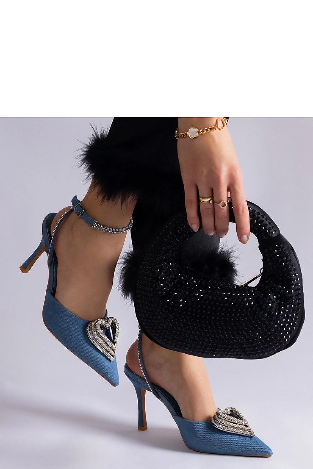   Niebieskie szpilki z odkrytą pięta zdobione cyrkoniami Isoda - Solea 