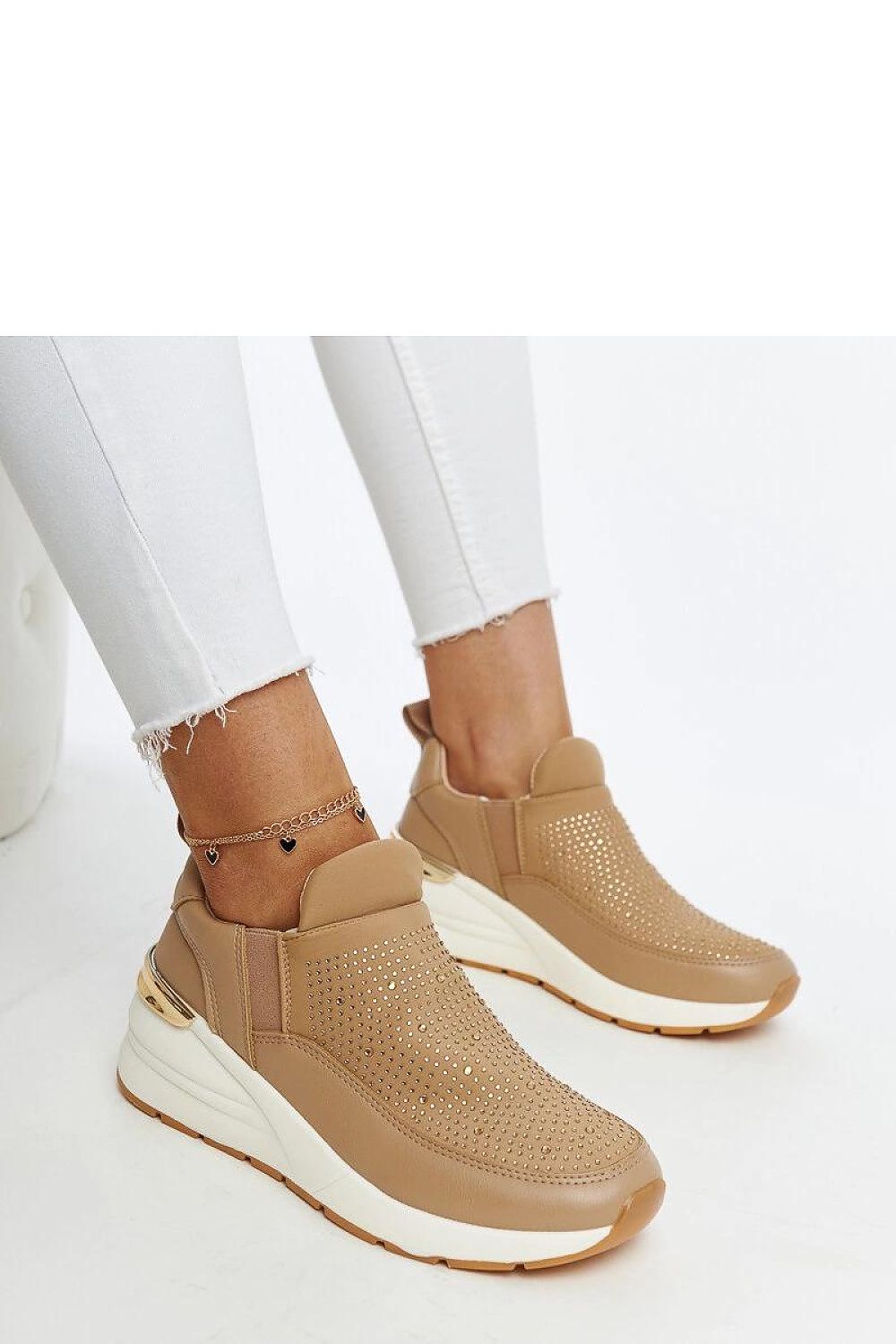   Brązowe sneakersy na koturnie z cyrkoniami Ashleey - Solea 