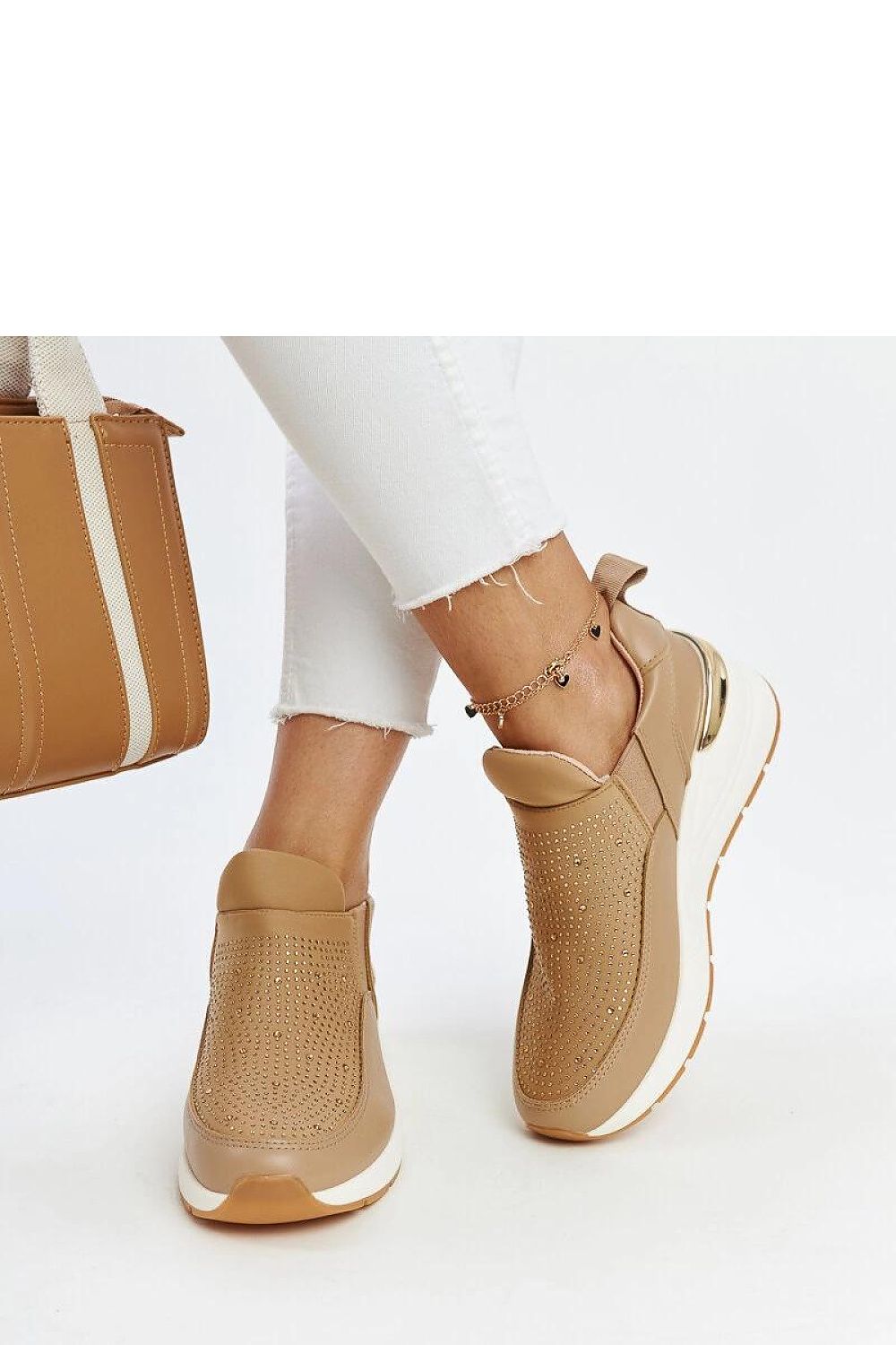   Brązowe sneakersy na koturnie z cyrkoniami Ashleey - Solea 